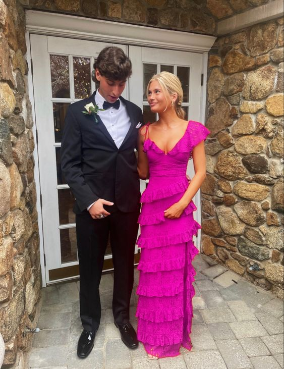 Long Red Formal Prom Dresses, Sexy Lace Formal Evening Dresses With Slit