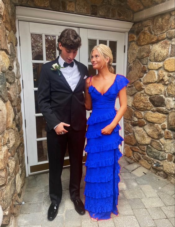 Long Red Formal Prom Dresses, Sexy Lace Formal Evening Dresses With Slit