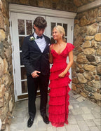 Long Red Formal Prom Dresses, Sexy Lace Formal Evening Dresses With Slit