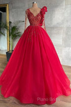 Red Long Sleeve V Neck Beading Flower Tulle Formal Prom Formal Dresses
