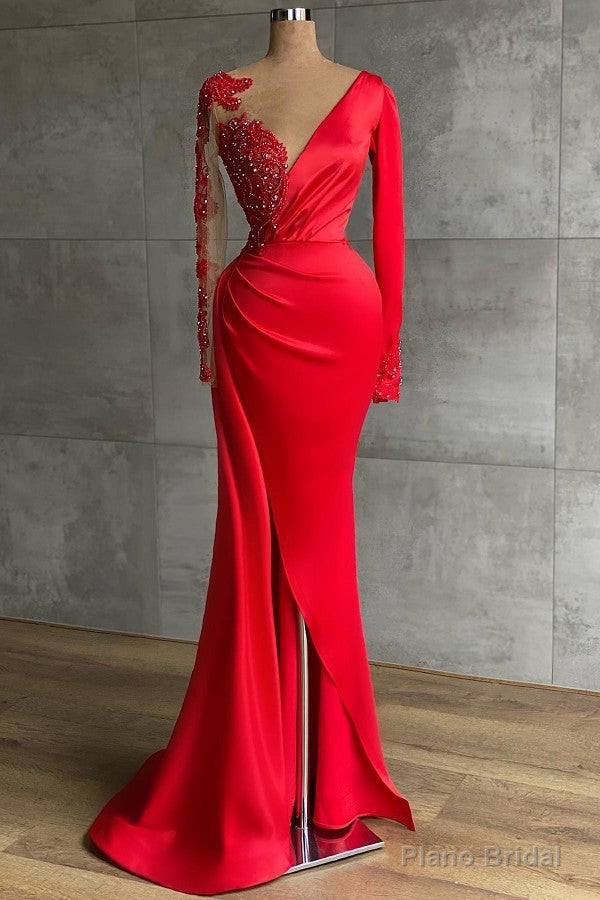 Red Long Sleeve V-Neck Mermaid Prom Dress Online With Beadings Main image