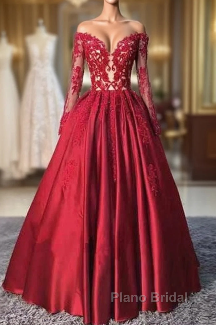 Red Long Sleeves Lace Long Formal Prom Dresses, Red Evening Dresses Main image