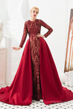 Long Sleeves Mermaid Detachable Train Prom Dresses with Train Sequined