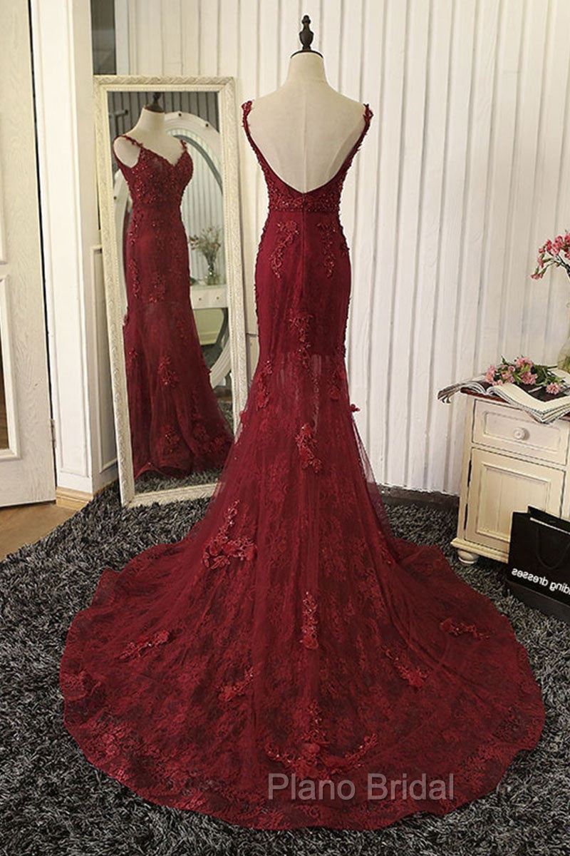 Red Mermaid Lace Long Formal Prom Dresses, Lace Mermaid Evening Dresses