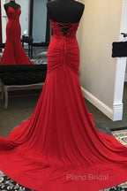 Red Mermaid Llong Formal Prom Dresses Appliques Slit Formal Dresses