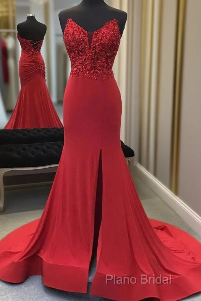 Red Mermaid Llong Formal Prom Dresses Appliques Slit Formal Dresses Main image