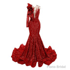 Red Mermaid One Sleeve Prom Dresses Sequined Lace Jewel Ruffles Evening Party Dress with Appliques