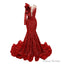 Red Mermaid One Sleeve Prom Dresses Sequined Lace Jewel Ruffles Evening Party Dress with Appliques