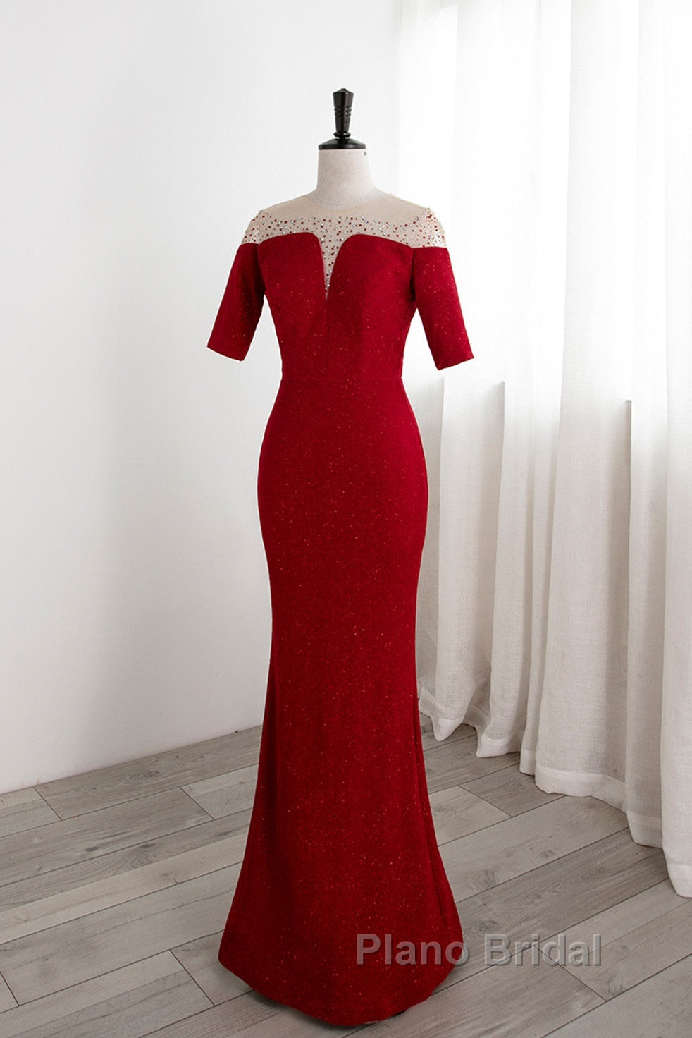 Red Mermaid Round Neckline Short Sleeves Party Dresses, Red Evening Gown