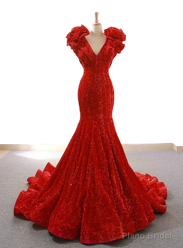 Red Mermaid Sequins Deep V-neck Prom Dress With Train Main image