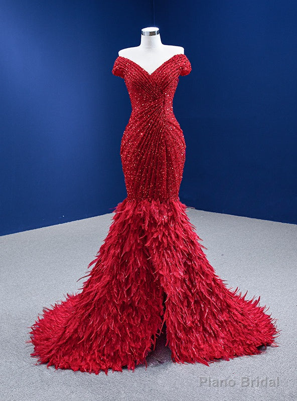 Red Mermaid Sequins Off the Shoulder Feather Prom Dress Main image