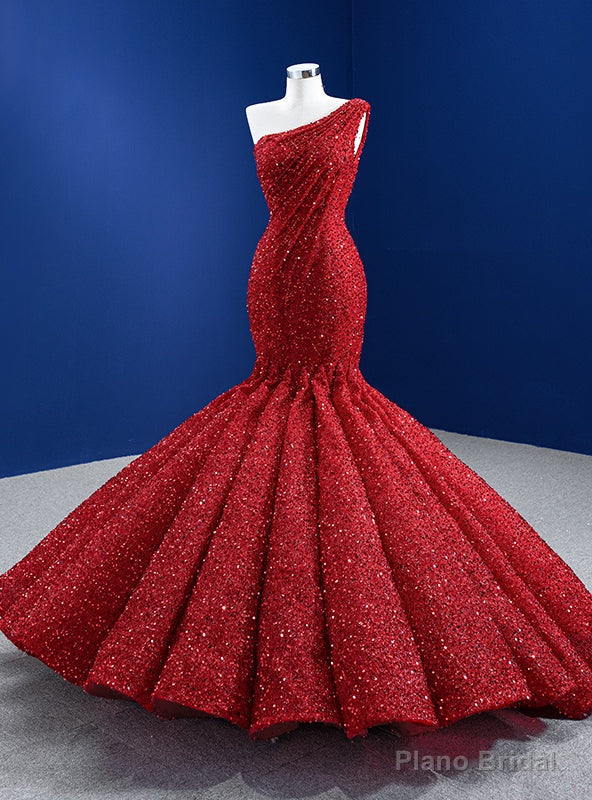 Red Mermaid Sequins One Shoulder Prom Dress Main image