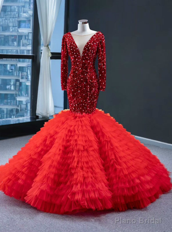 Red Mermaid Sequins Tulle Long Sleeve V-neck Prom Dress Main image