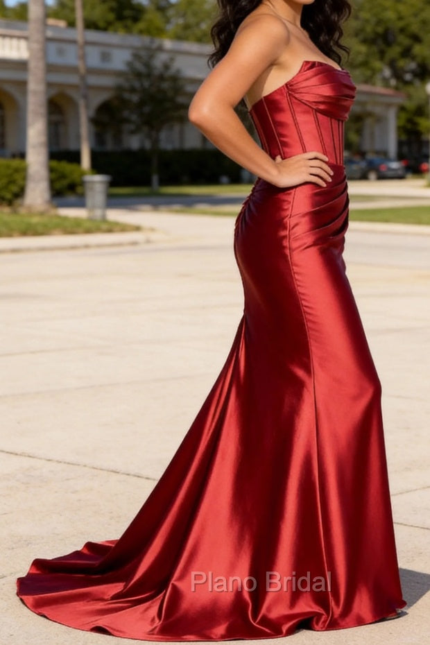 Red Mermaid Strapless Pleated Corset Long Prom Dress with Slit Secondary image