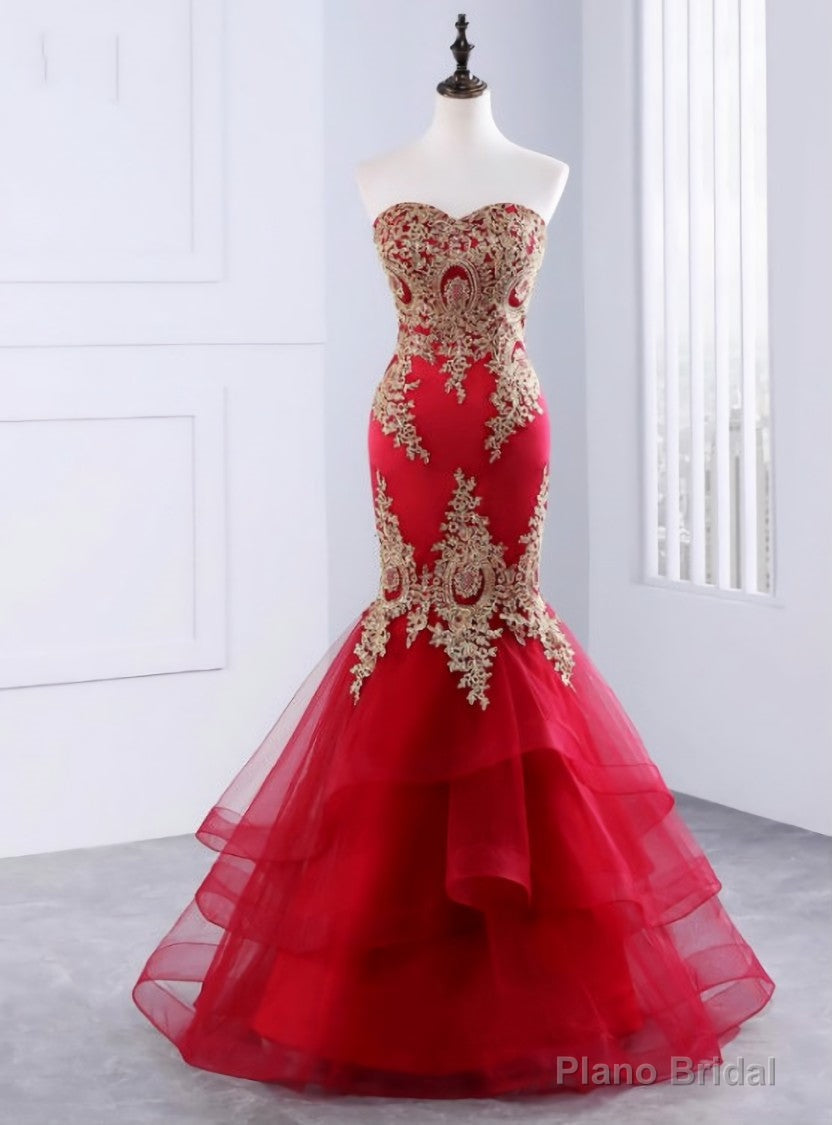 Red Mermaid Tulle Appliques Sweetheart Long Prom Dresses Main image