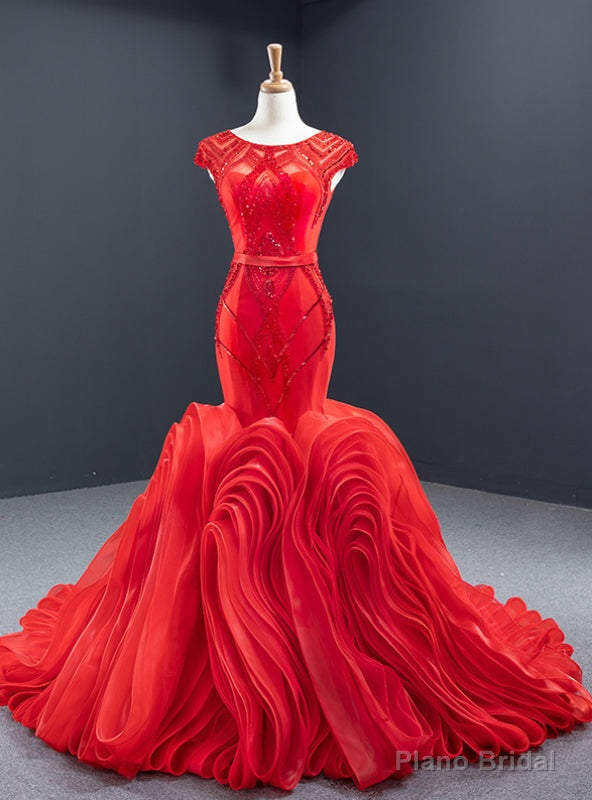 Red Mermaid Tulle Cap Sleeve Beading Sequins Backless Prom Dress Main image