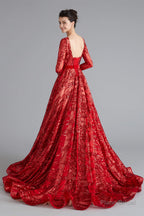 A-Line Luxury Sequins Long Sleeve Backless Prom Dresses