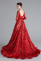 A-Line Luxury Sequins Long Sleeve Backless Prom Dresses