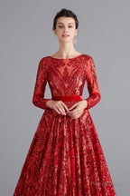 A-Line Luxury Sequins Long Sleeve Backless Prom Dresses