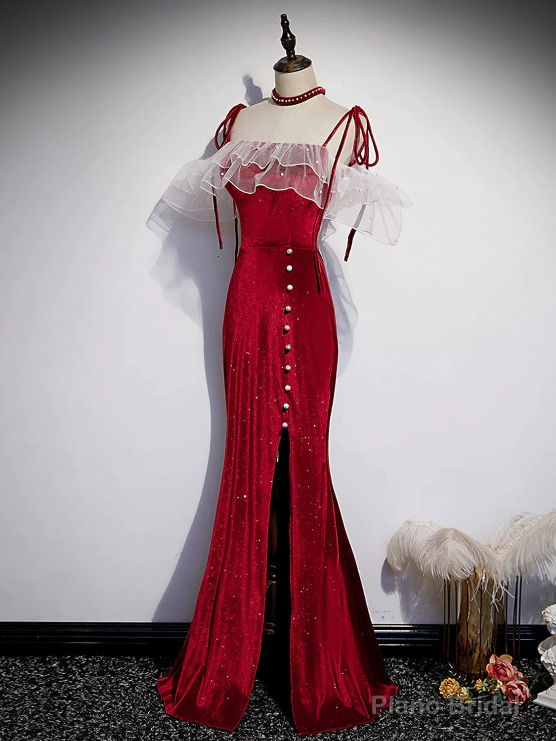 Red Off Shoulder Mermaid Long Straps Prom Dress, Red Evening Dress Party Dress Main image