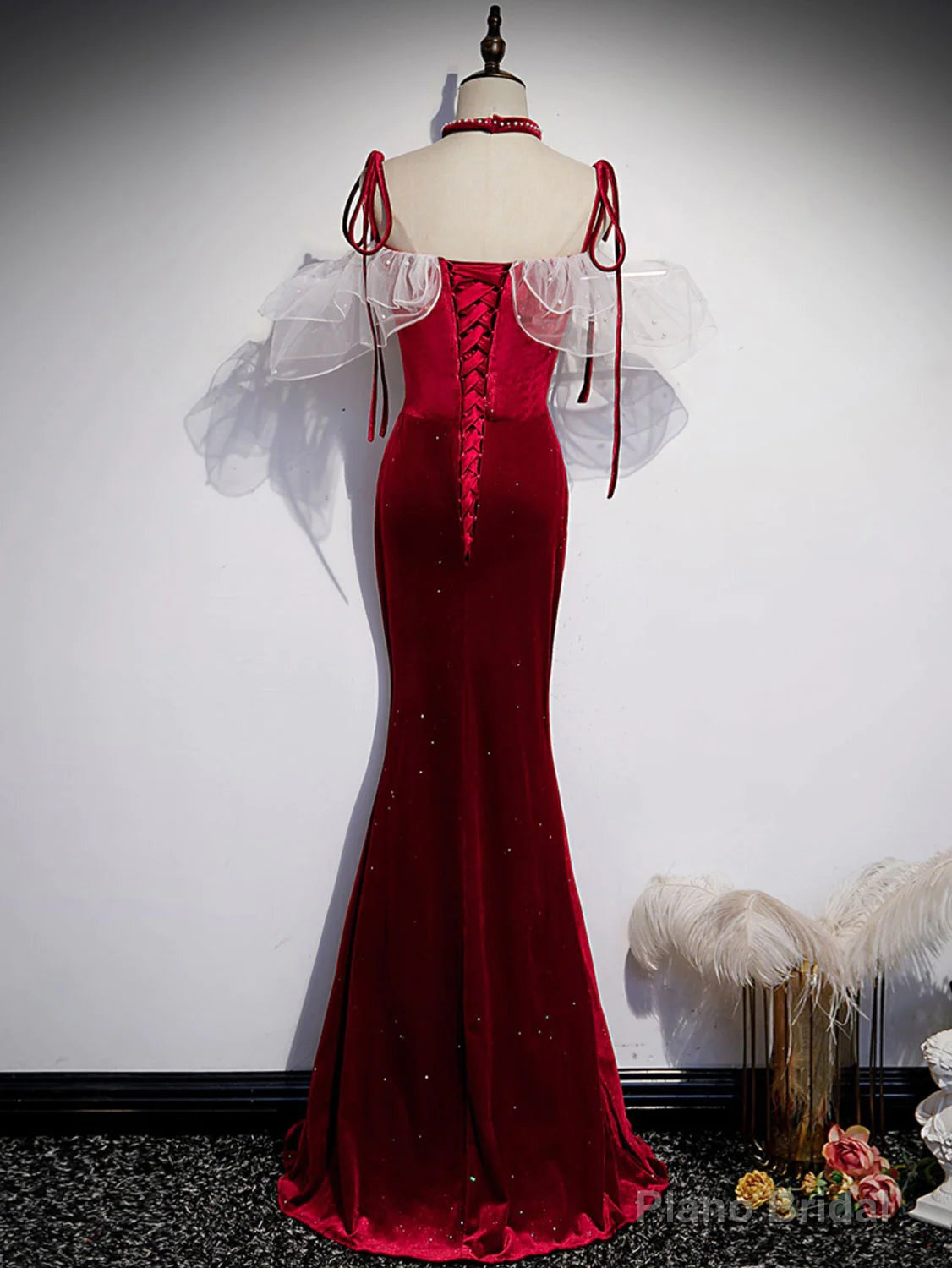 Red Off Shoulder Mermaid Long Straps Prom Dress, Red Evening Dress Party Dress