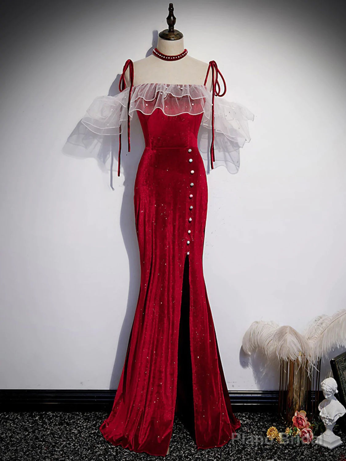 Red Off Shoulder Mermaid Long Straps Prom Dress, Red Evening Dress Party Dress Secondary image
