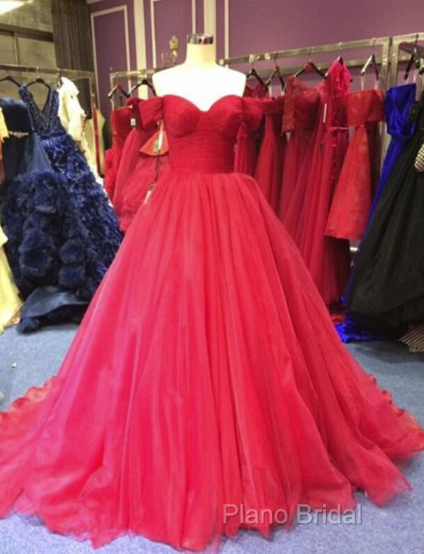 Red Off Shoulder Tulle Formal Prom Gown, Sweet 16 Party Gown, Charming Red Formal Dresses