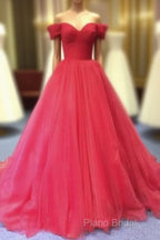 Red Off Shoulder Tulle Formal Prom Gown, Sweet 16 Party Gown, Charming Red Formal Dresses
