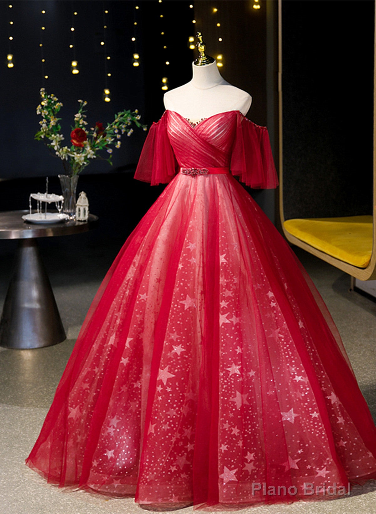 Red Off Shoulder Tulle Sweetheart Party Dress, Red Ball Gown Sweet 16 Dress Main image