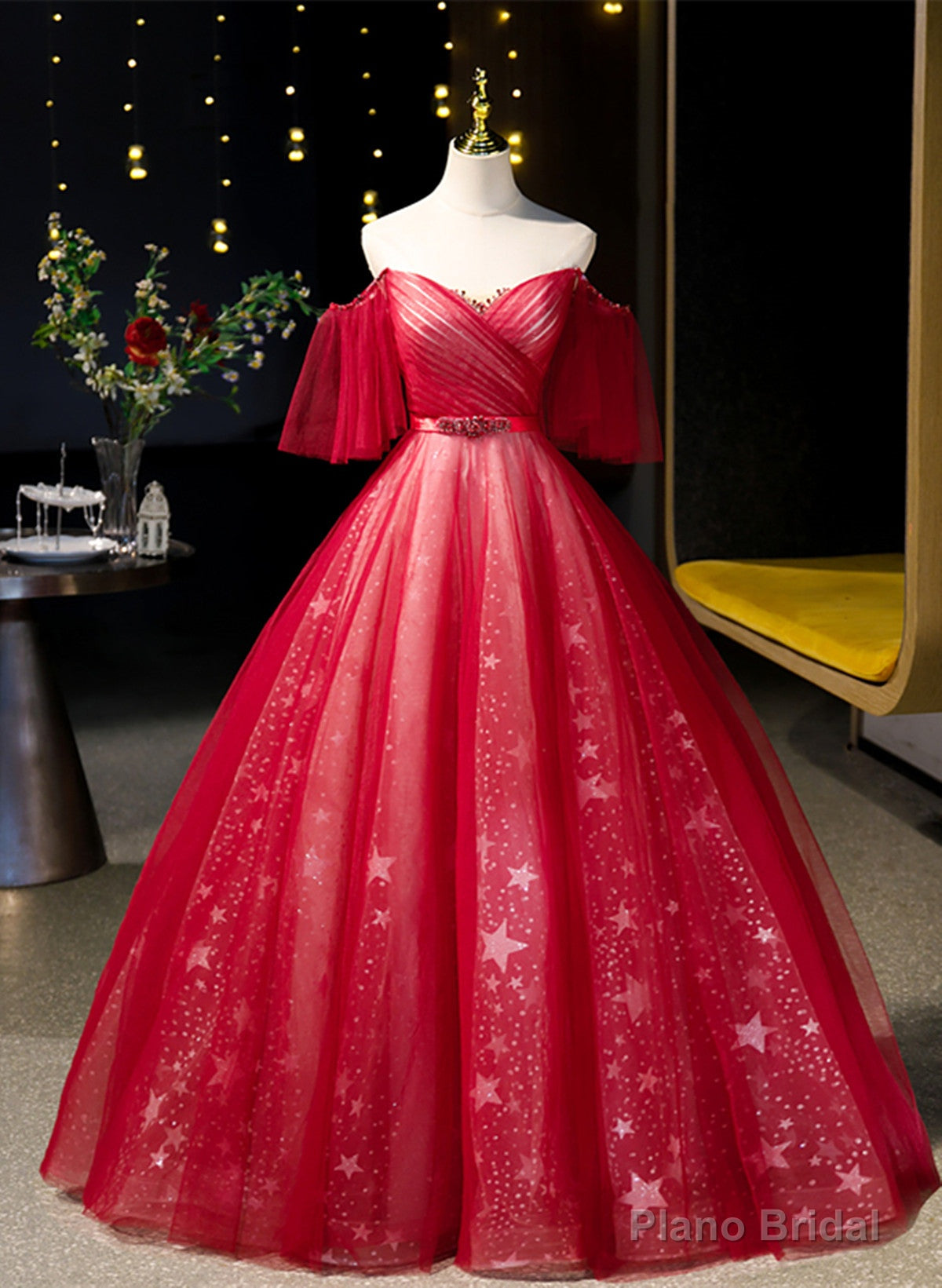 Red Off Shoulder Tulle Sweetheart Party Dress, Red Ball Gown Sweet 16 Dress Secondary image