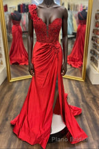 Red One-Shoulder 3D Floral Lace Pleated Long Gown with Slit
