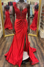 Red One-Shoulder 3D Floral Lace Pleated Long Gown with Slit