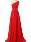 Red One Shoulder Chiffon Pleats Floor Length Prom Dresses