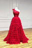 Red One Shoulder Tulle Layers Long Prom Dress with Lace, A-Line Evening Party Dress