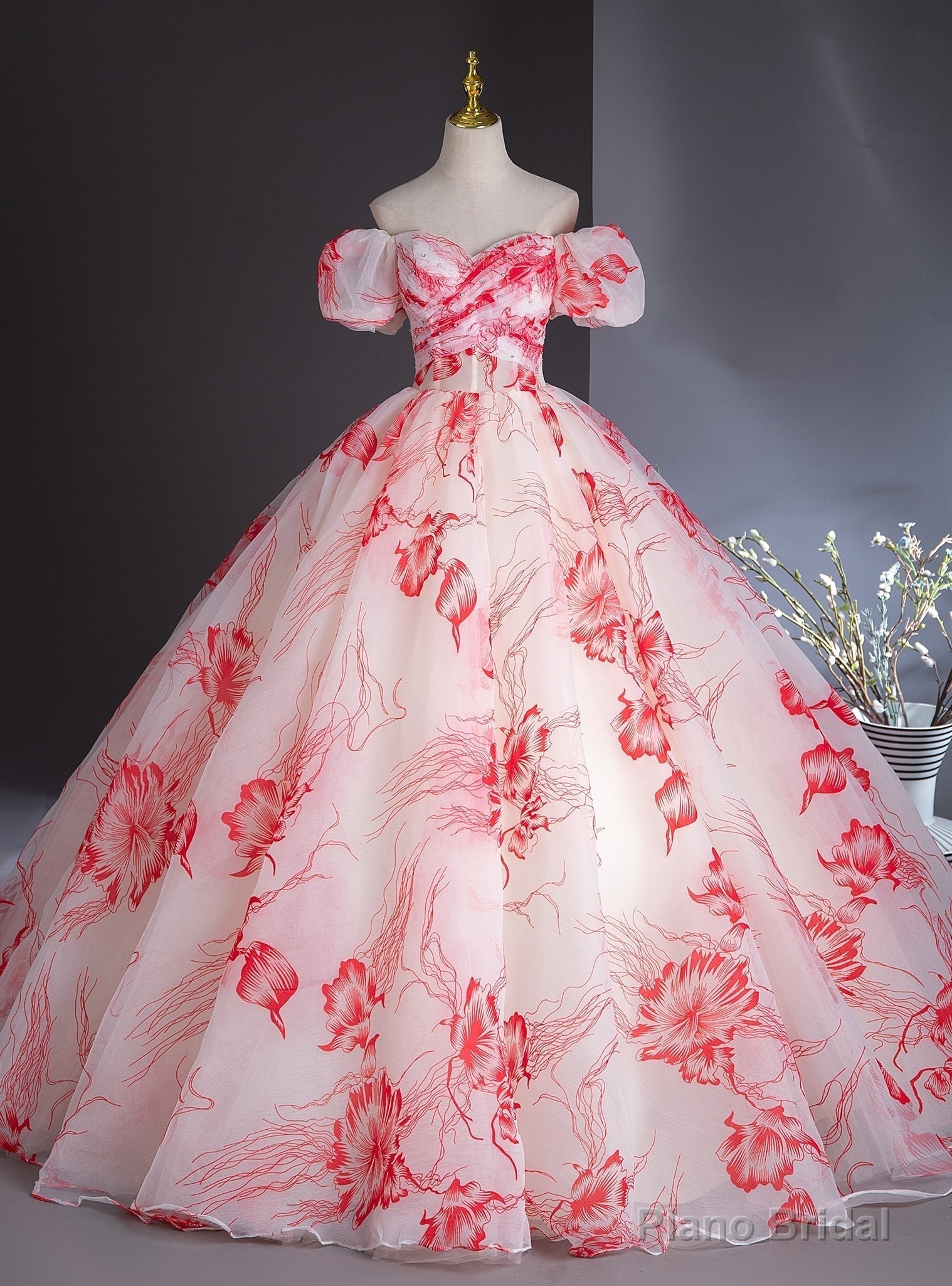Red Print Puff Sleeve Off the Shoulder Quinceanera Dress Main image