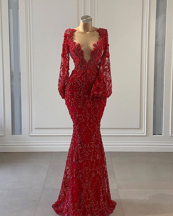 Red Formal Prom Dresses Long Formal Prom Dresses Long Sleeve Lace Mermaid Formal Evening Gowns Main image
