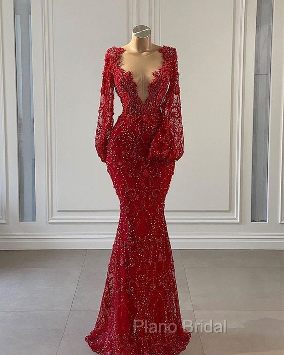 Red Formal Prom Dresses Long Formal Prom Dresses Long Sleeve Lace Mermaid Evening Gowns