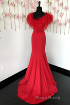 Red Formal Prom Dress Mermaid V Neck Long Party Evening Dress with Feathers