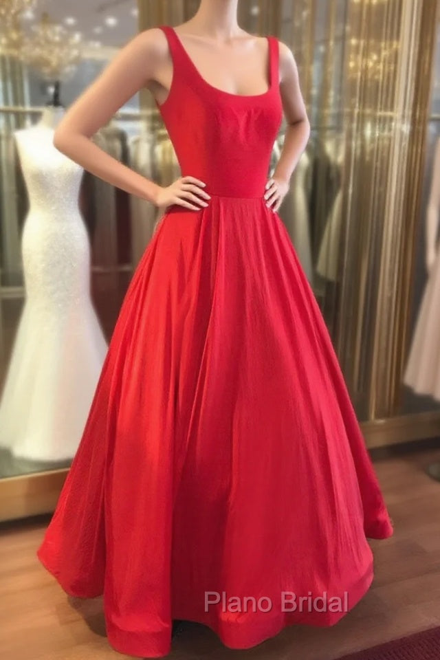 Red Formal Prom Dresses, A-line Square Neckline Regular Straps Long/Floor-Length Satin Formal Prom Dresses Main image