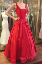 Red Formal Prom Dresses, A-line Square Neckline Regular Straps Long/Floor-Length Satin Formal Prom Dresses