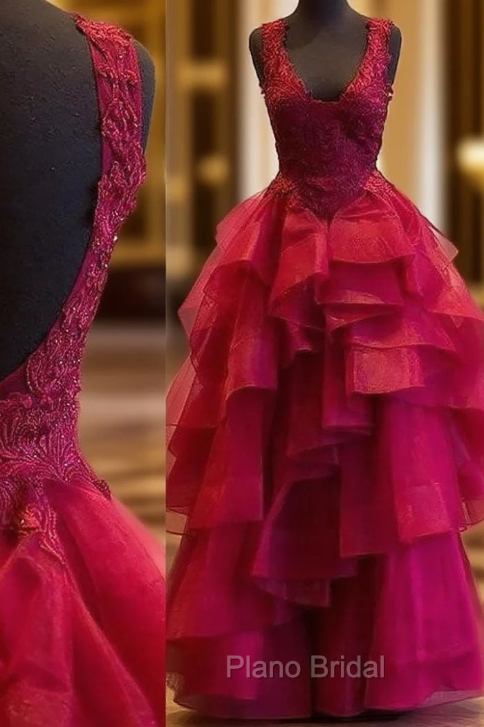 Red Formal Prom Dresses, Ball Gown Square Neckline Sleeveless Long/Floor-Length Organza Formal Prom Dresses With Ruffles Appliqued Beading Main image