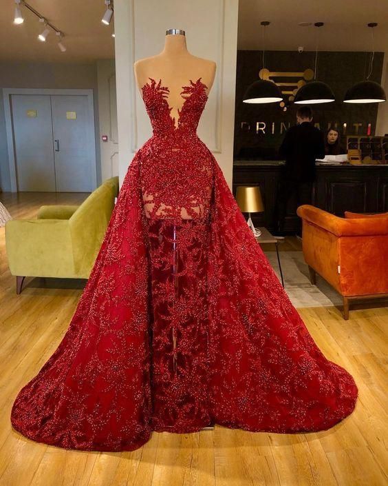 Red Formal Prom Dresses Detachable Skirt Beading Sequins Shinning Long Formal Evening Dresses Gowns