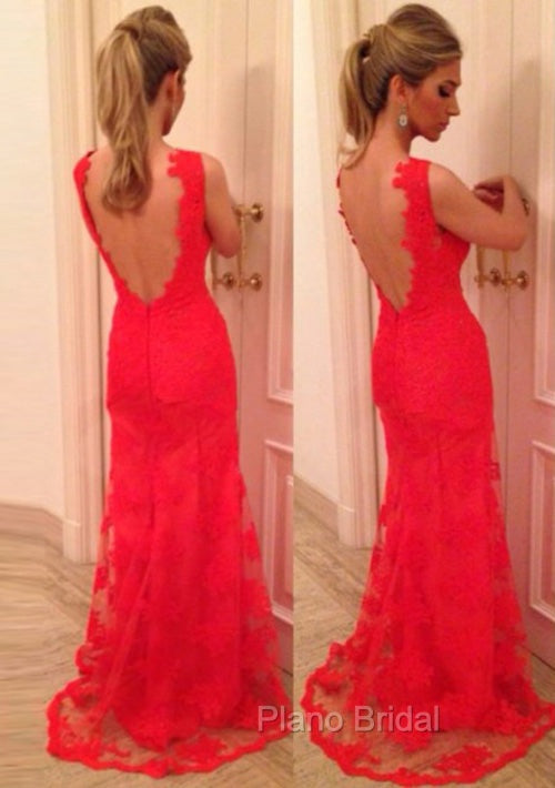 Red Formal Prom Dresses, Sheath/Column V Neck Sleeveless Sweep Train Lace Formal Prom Dresses With Appliqued Secondary image