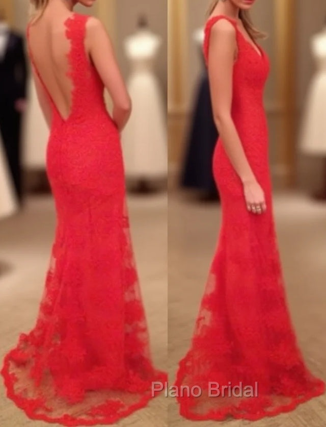 Red Formal Prom Dresses, Sheath/Column V Neck Sleeveless Sweep Train Lace Formal Prom Dresses With Appliqued