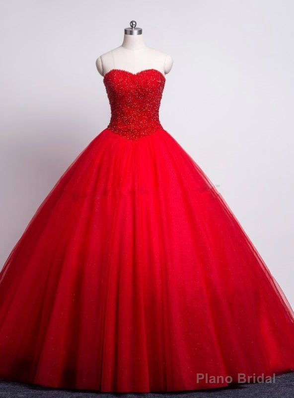 Red Prom Quinceanera Dresses Sweetheart Beaded Corset Tulle Ball Gown Main image