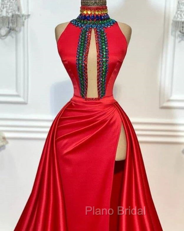 Red Robe De Soiree A-Line High Collar Satin Crystals Slit Sexy Long Formal Prom Dresses Formal Prom Gown Evening Dresses