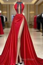 Red Robe De Soiree A-Line High Collar Satin Crystals Slit Sexy Long Formal Prom Dresses Formal Prom Gown Evening Dresses