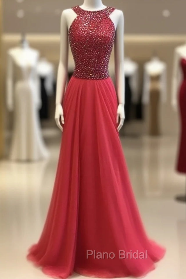 Red Round Neck Long Formal Prom Dresses, Red Evening Dresses Main image