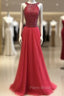 Red Round Neck Long Formal Prom Dresses, Red Evening Dresses