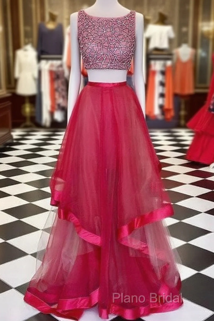 Red Round Neck Sequin Two Pieces Long Formal Prom Dresses, Formal Dresses Main image
